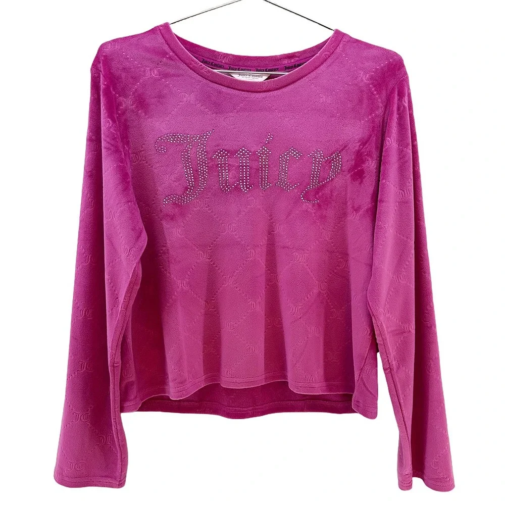 NWOT • JUICY COUTURE Velour Long Sleeve Bling Logo‎ Sleepwear Top • Large • pink